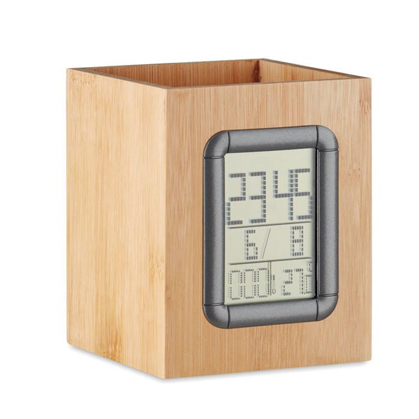 MANILA Bamboe pennenbak met LCD klok - GiftRetail MO6289